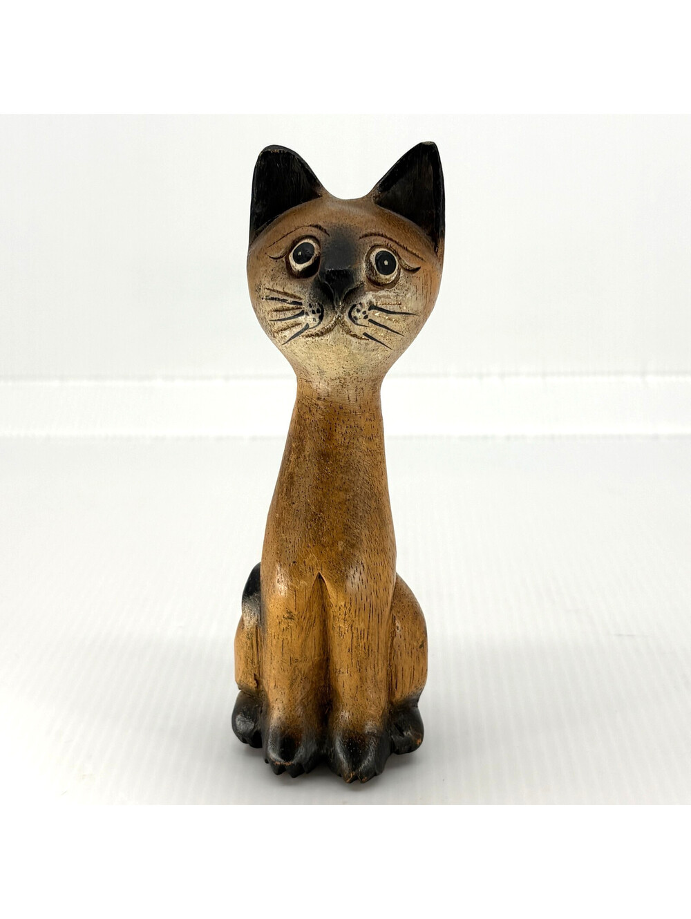 Wooden Cat Figurine Folk Art Brown Black Hand Carved Sitting 4.25 Inch Statue